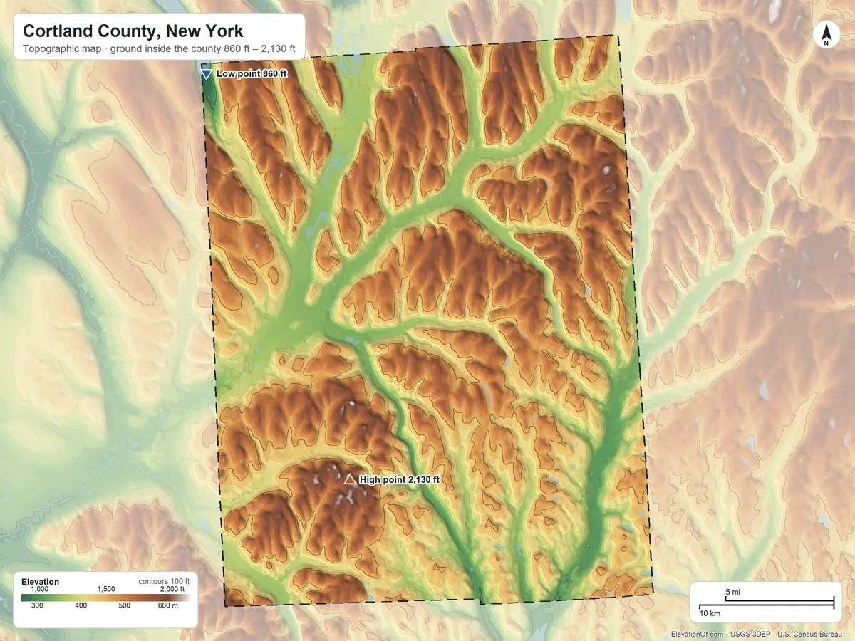 Topographic elevation map of Cortland County, New York, shaded from 860 ft on the northwest side to 2,130 ft on Virgil Mountain