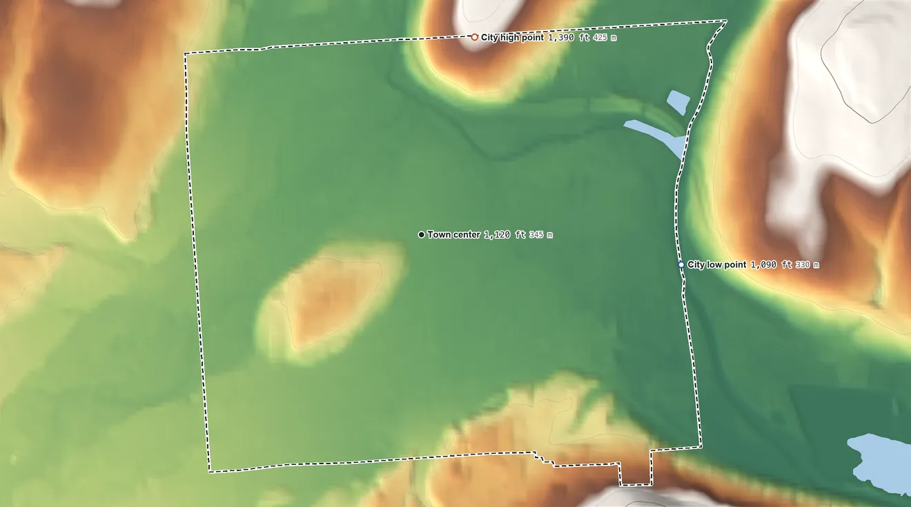Topographic elevation map of Cortland, New York, shaded from 1,090 ft on the east side to 1,390 ft on the north side