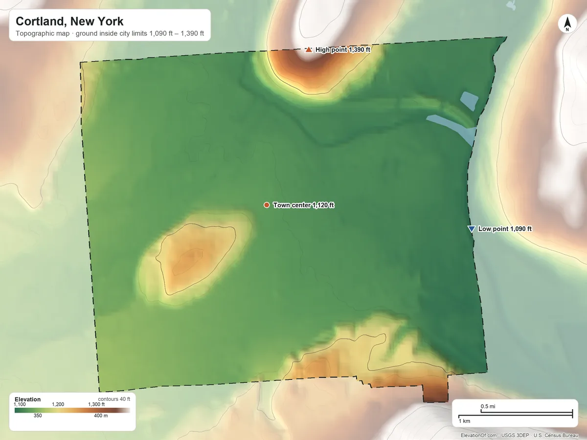 Topographic elevation map of Cortland, New York, shaded from 1,090 ft on the east side to 1,390 ft on the north side
