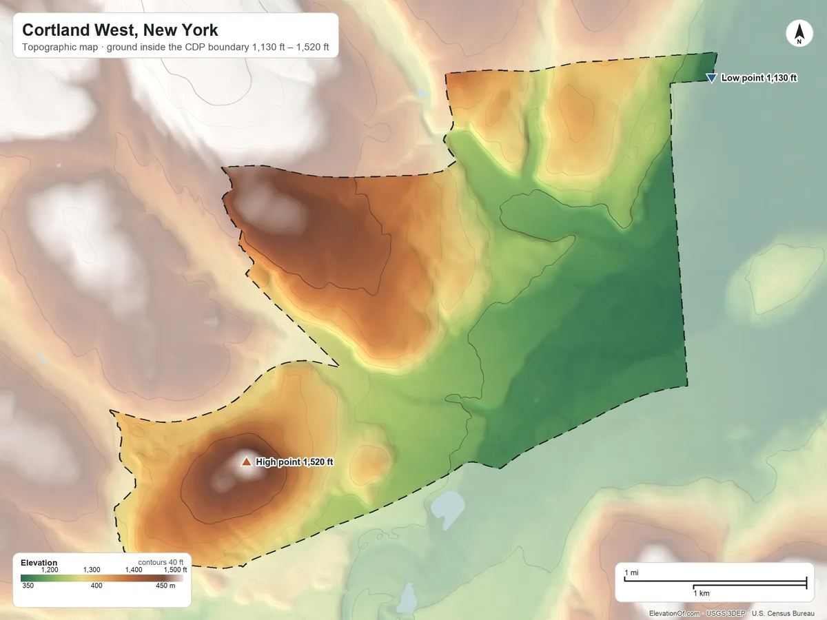 Topographic elevation map of Cortland West, New York, shaded from 1,130 ft on the northeast side to 1,520 ft on the southwest side