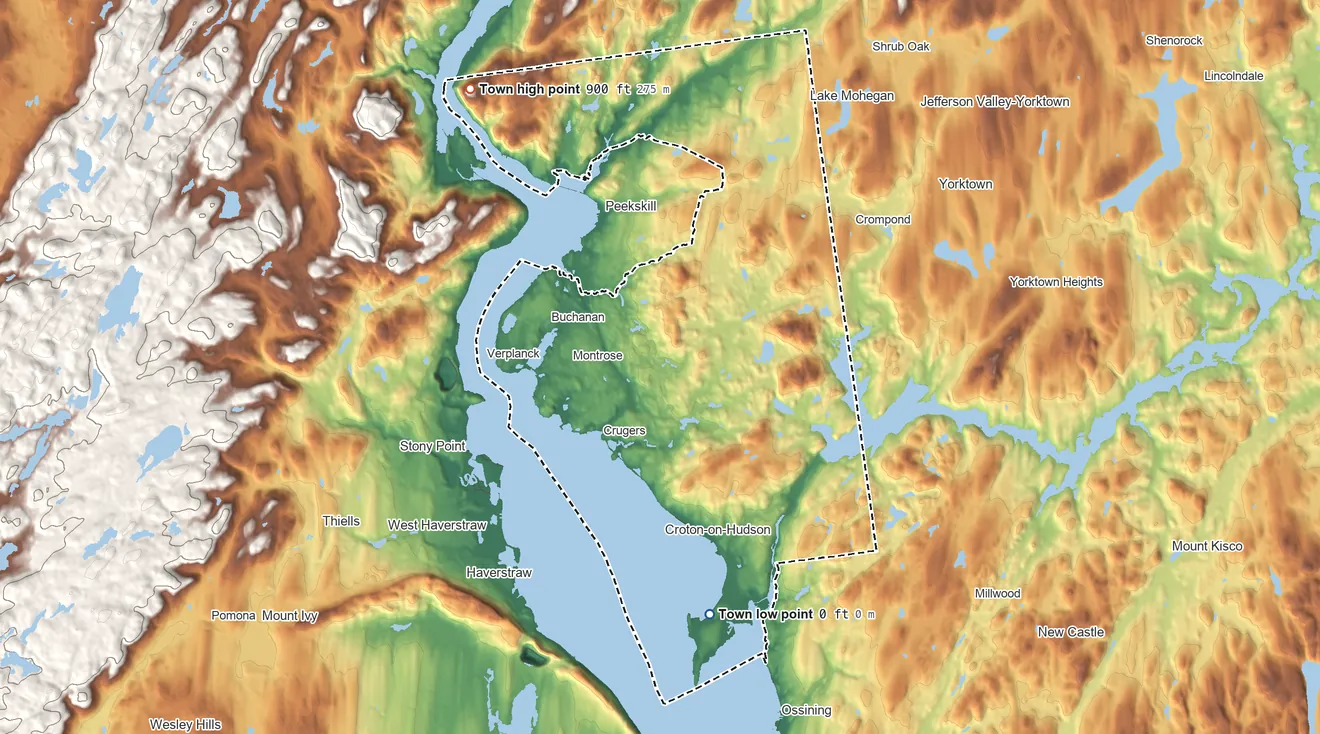 Topographic elevation map of Cortlandt, New York, shaded from 0 ft on the south side to 900 ft on the northwest edge, below higher ground just outside