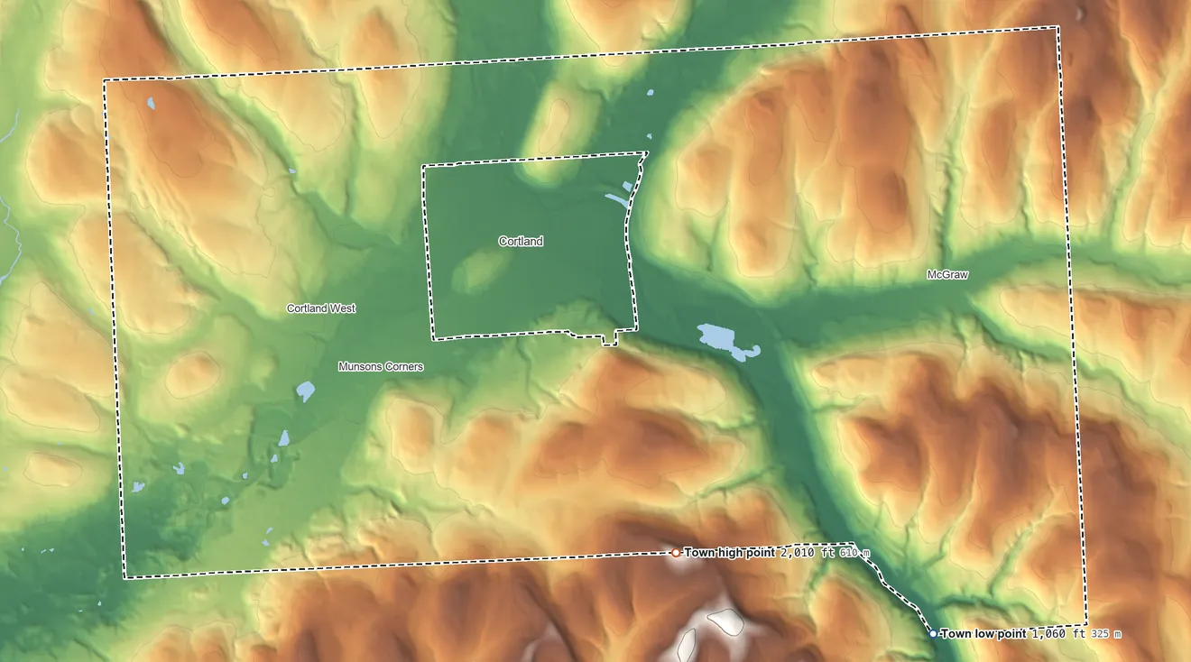 Topographic elevation map of Cortlandville, New York, shaded from 1,060 ft on the southeast side to 2,010 ft on the southeast side