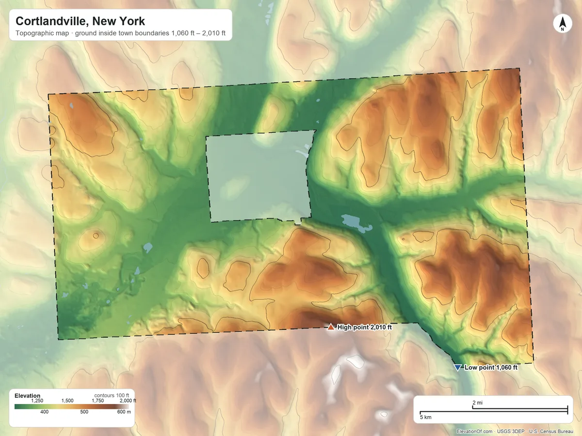 Topographic elevation map of Cortlandville, New York, shaded from 1,060 ft on the southeast side to 2,010 ft on the southeast side