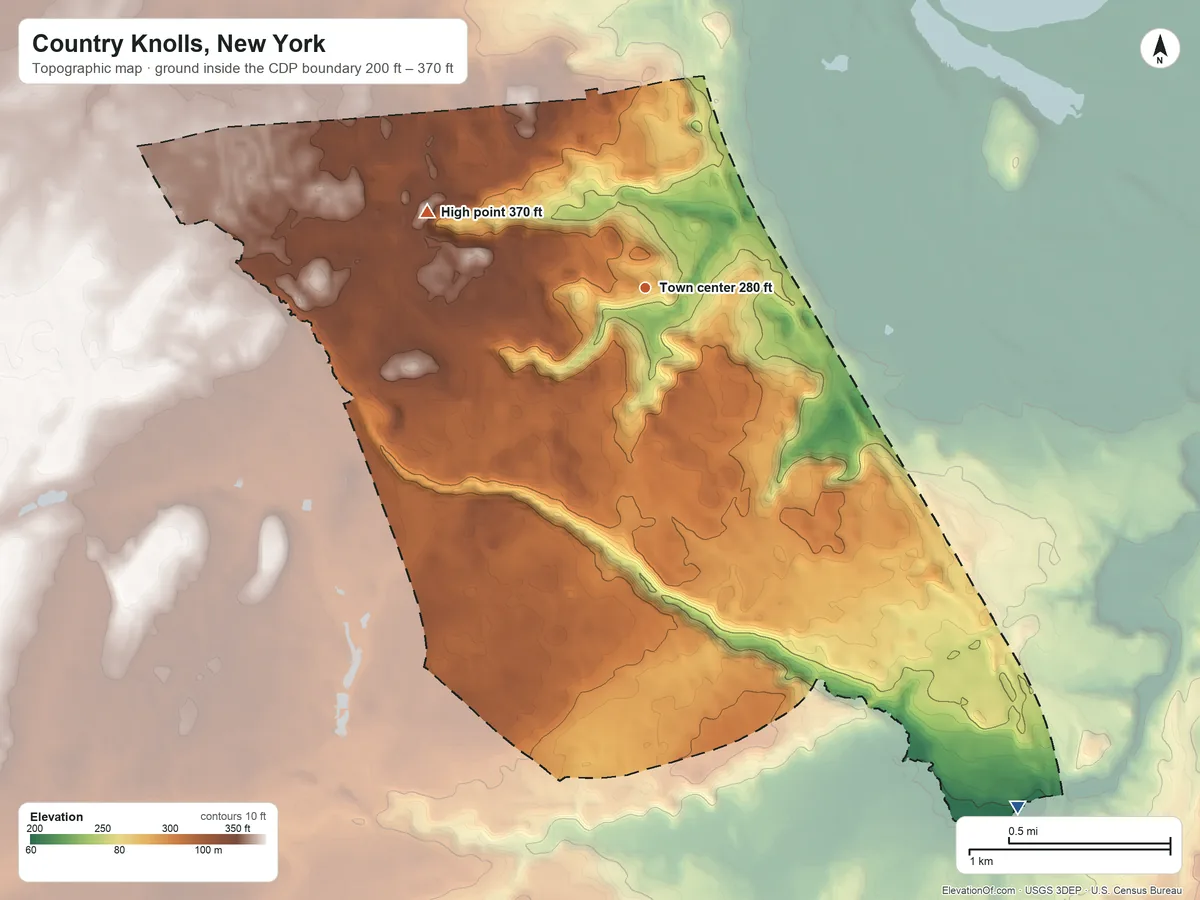 Topographic elevation map of Country Knolls, New York, shaded from 200 ft on the southeast side to 370 ft on the west side
