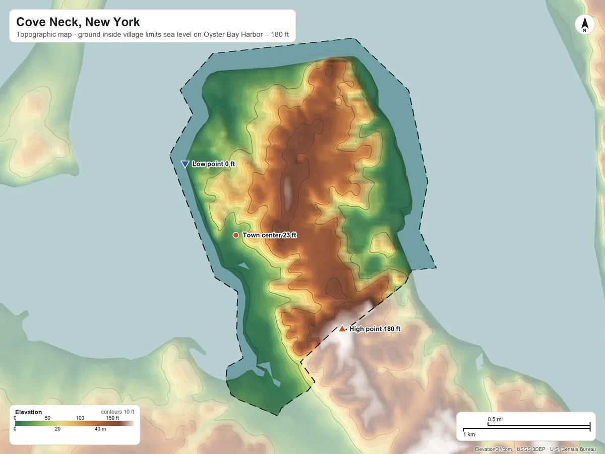 Topographic elevation map of Cove Neck, New York, shaded from sea level level on Oyster Bay Harbor to 180 ft on the southeast side