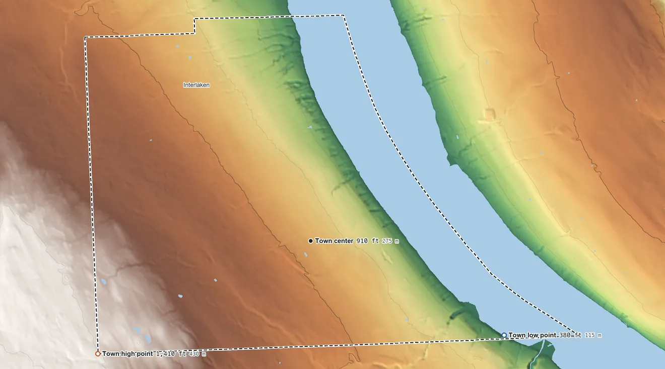Topographic elevation map of Covert, New York, shaded from 380 ft on the southeast side to 1,410 ft on the southwest edge, below higher ground just outside