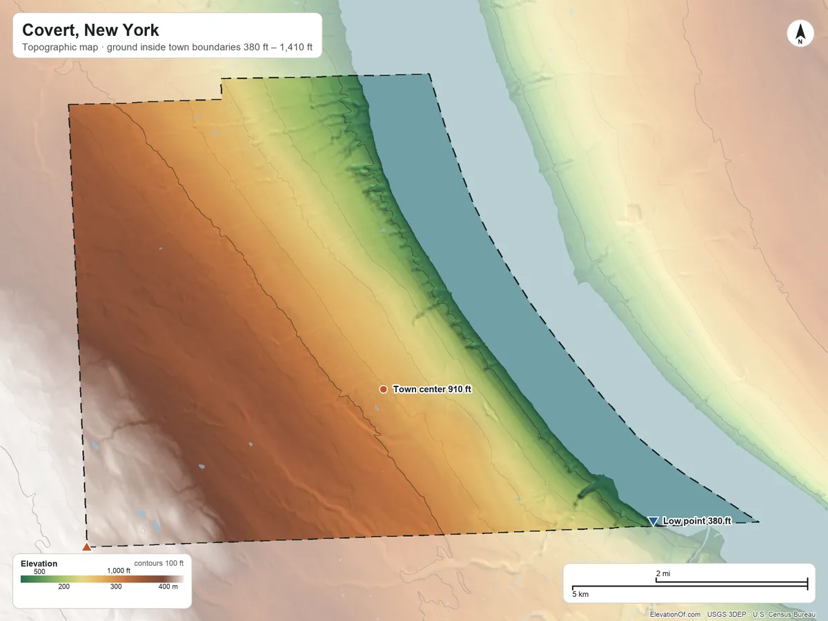 Topographic elevation map of Covert, New York, shaded from 380 ft on the southeast side to 1,410 ft on the southwest edge, below higher ground just outside