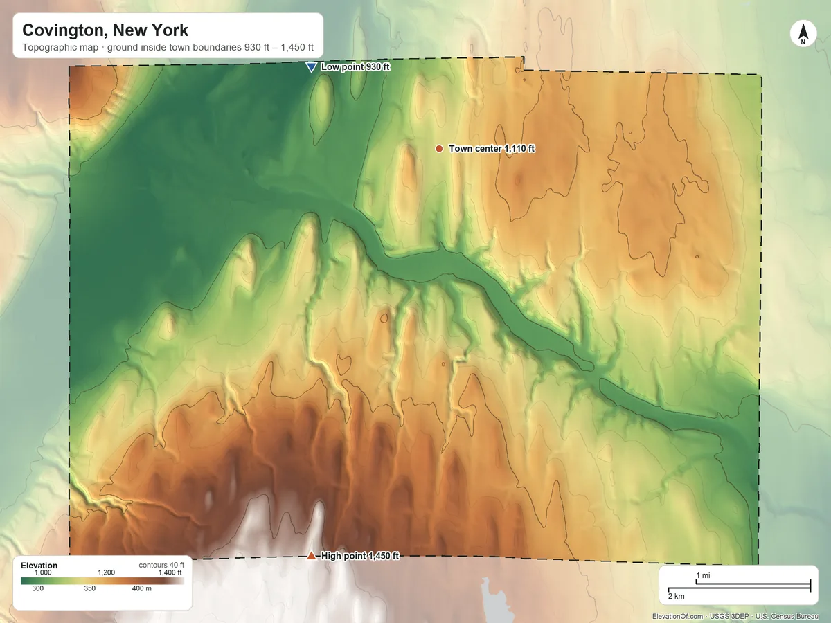 Topographic elevation map of Covington, New York, shaded from 930 ft on the northwest side to 1,450 ft on the south side