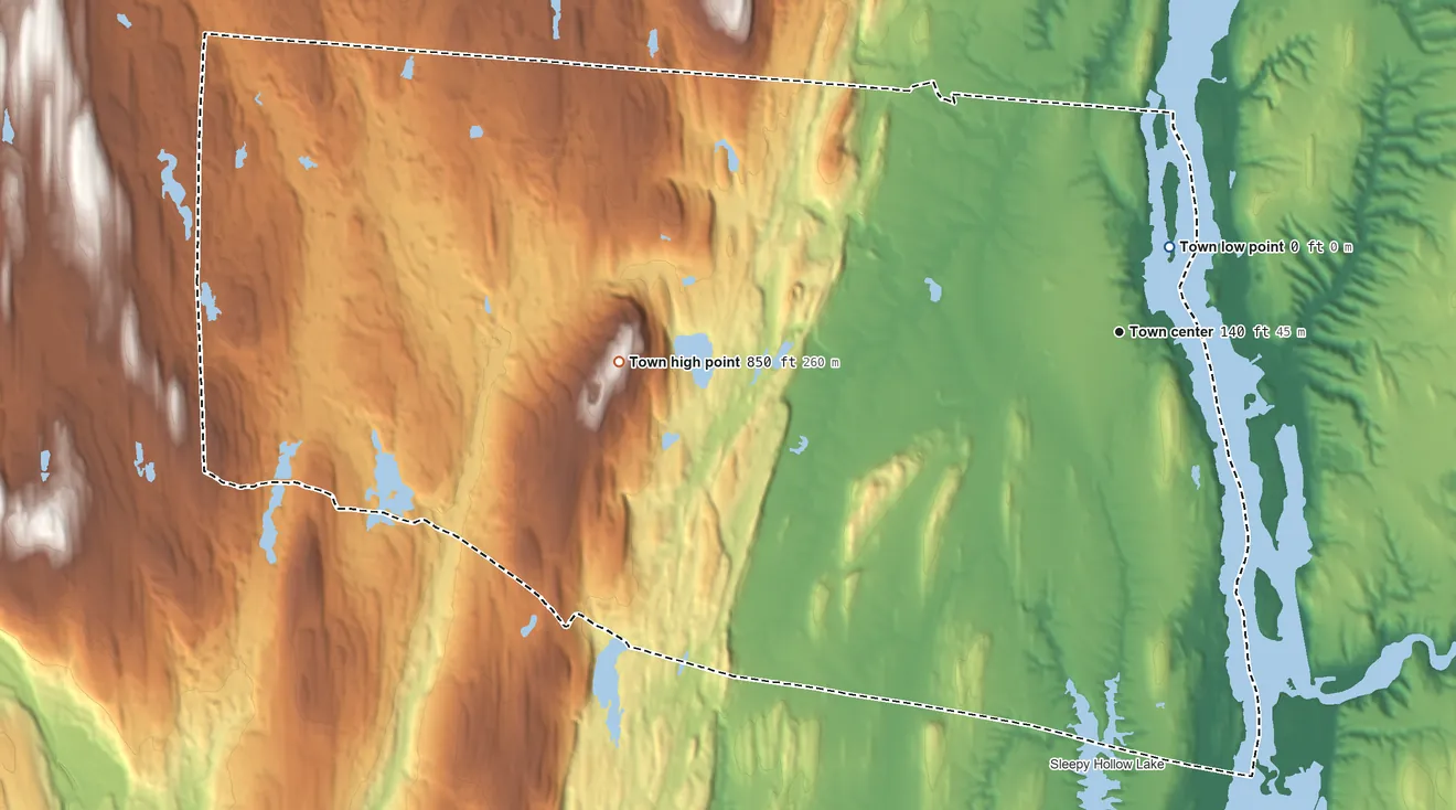 Topographic elevation map of Coxsackie, New York, shaded from 0 ft near the middle to 850 ft on Potic Mountain