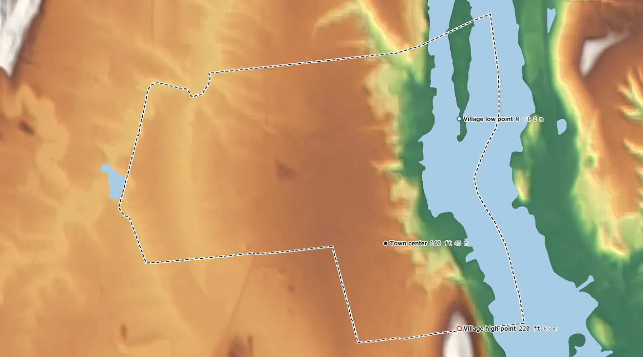 Topographic elevation map of Village of Coxsackie, New York, shaded from 0 ft on the northeast side to 220 ft on the southeast side