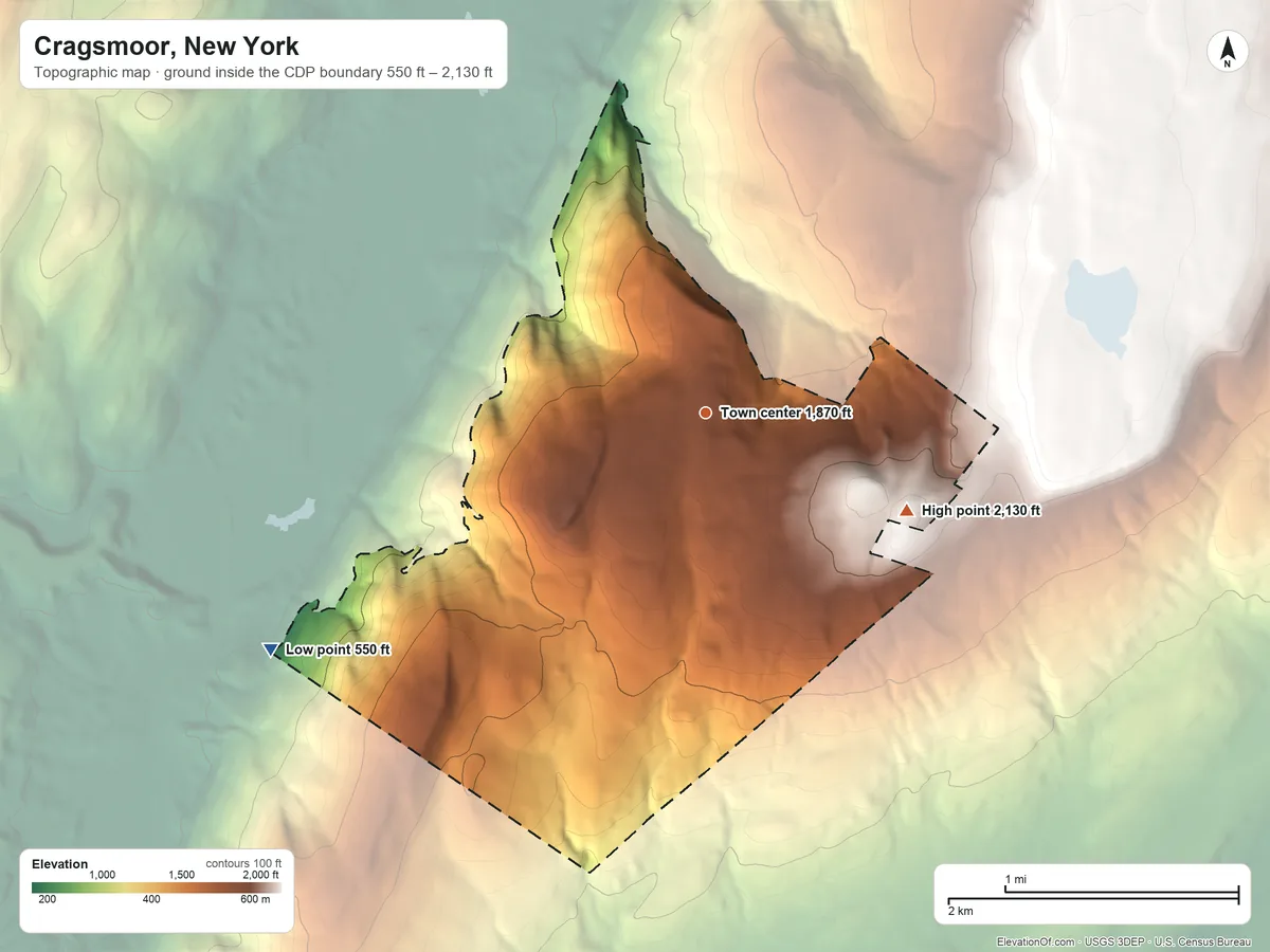 Topographic elevation map of Cragsmoor, New York, shaded from 550 ft on the southwest side to 2,130 ft on the southeast side