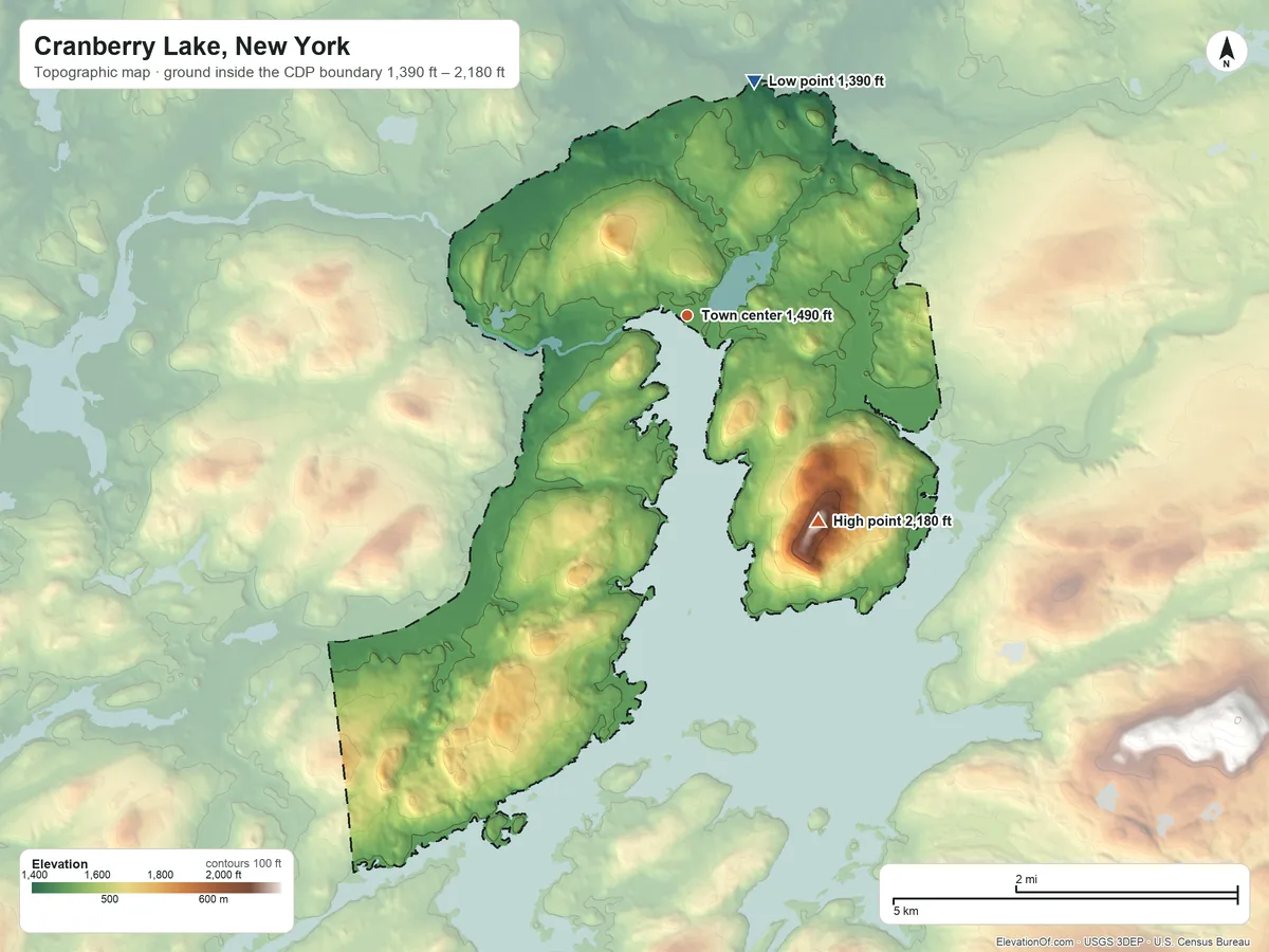 Topographic elevation map of Cranberry Lake, New York, shaded from 1,390 ft on the north side to 2,180 ft on Bear Mountain