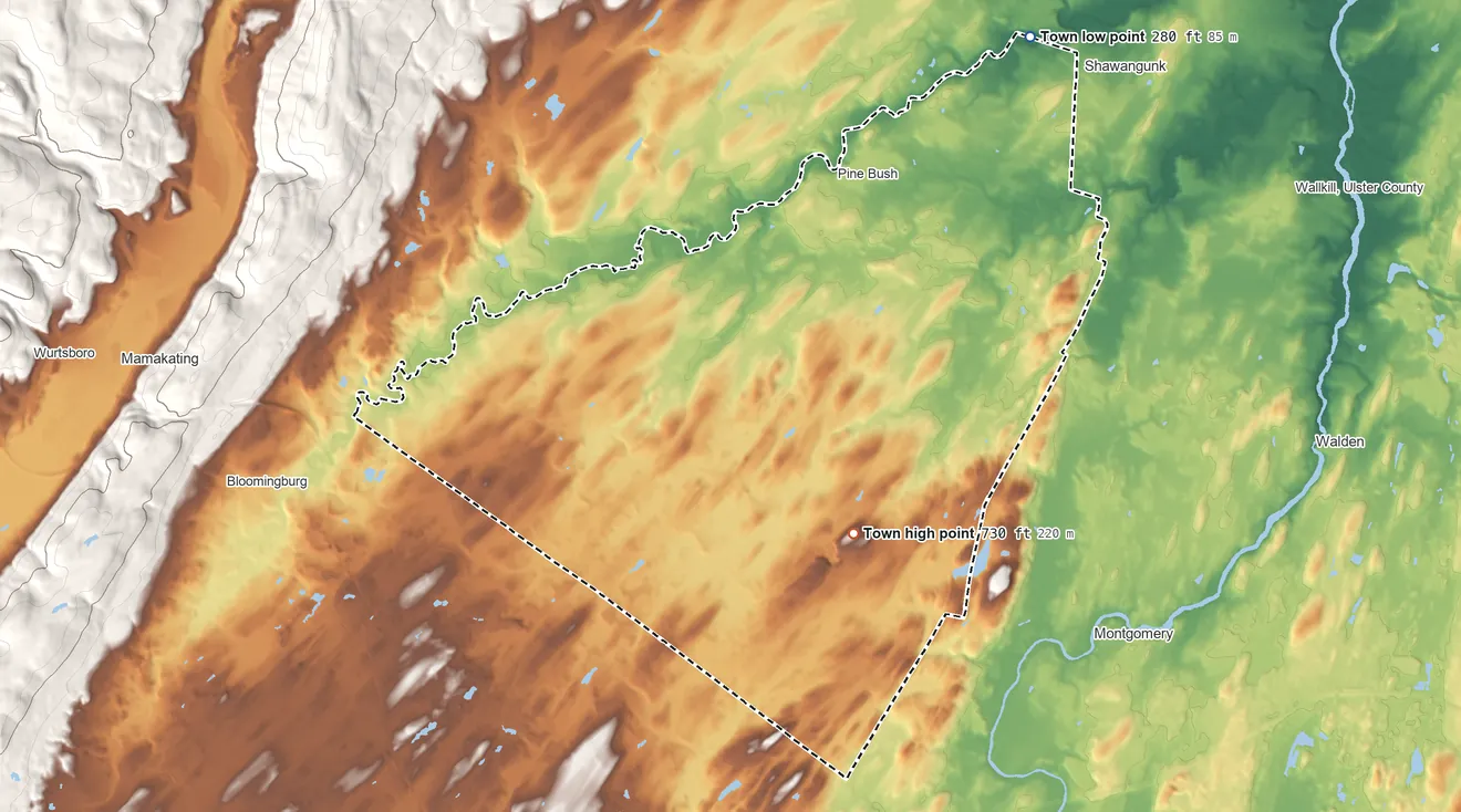 Topographic elevation map of Crawford, New York, shaded from 280 ft on the northeast side to 730 ft on the southeast side