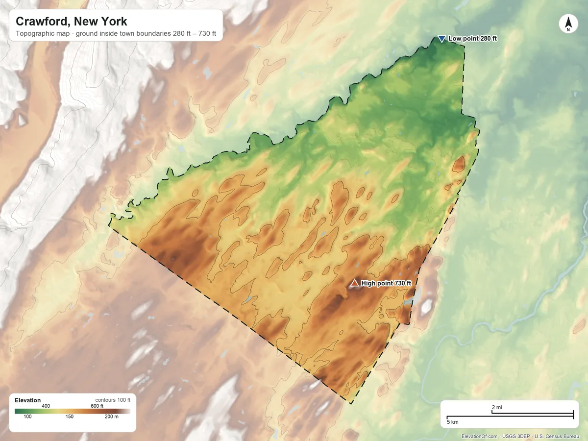 Topographic elevation map of Crawford, New York, shaded from 280 ft on the northeast side to 730 ft on the southeast side
