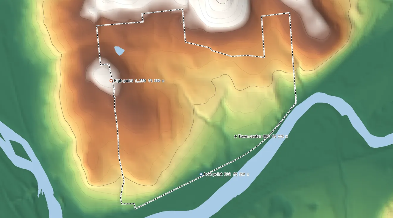 Topographic elevation map of Crest View Heights, New York, shaded from 830 ft on the southwest side to 1,250 ft on the northwest edge, below higher ground just outside