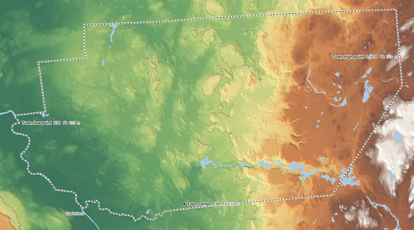 Topographic elevation map of Croghan, New York, shaded from 730 ft on the northwest side to 1,670 ft on the northeast side