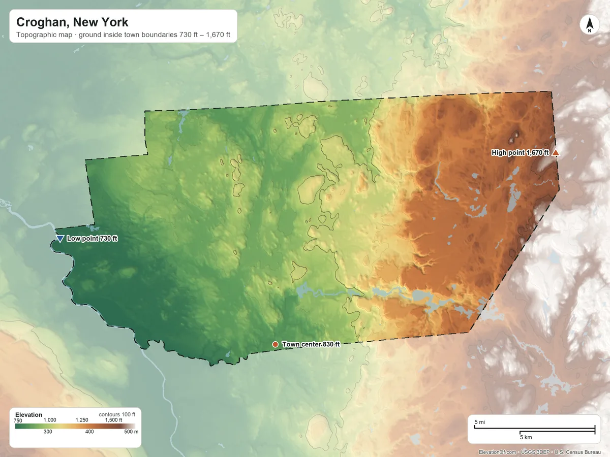 Topographic elevation map of Croghan, New York, shaded from 730 ft on the northwest side to 1,670 ft on the northeast side