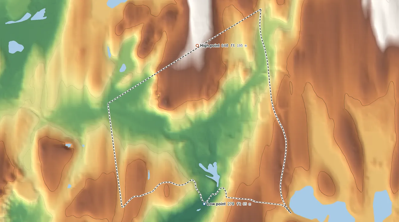 Topographic elevation map of Crompond, New York, shaded from 270 ft on the south side to 640 ft on the north side