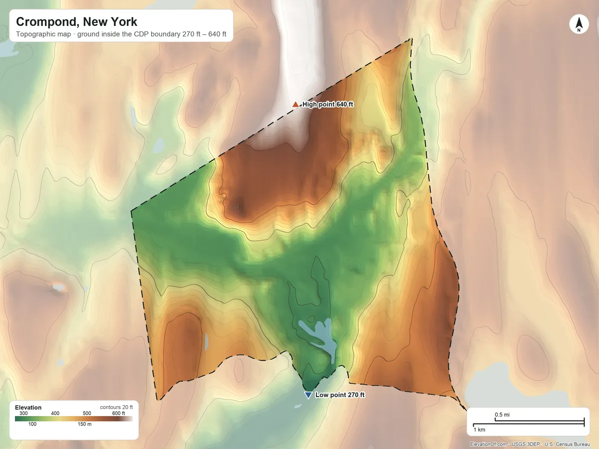 Topographic elevation map of Crompond, New York, shaded from 270 ft on the south side to 640 ft on the north side