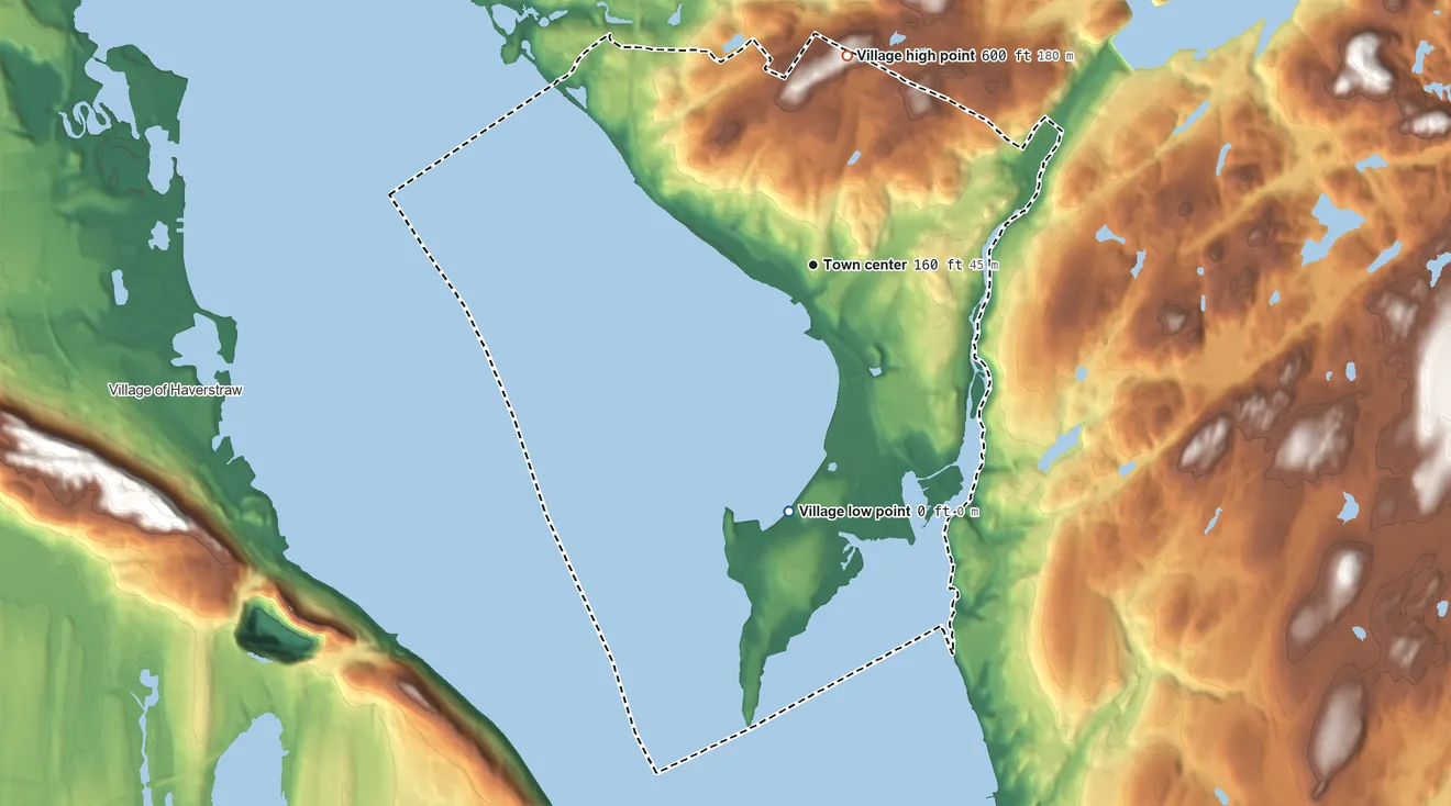 Topographic elevation map of Croton-on-Hudson, New York, shaded from 0 ft on the south side to 600 ft on the north side