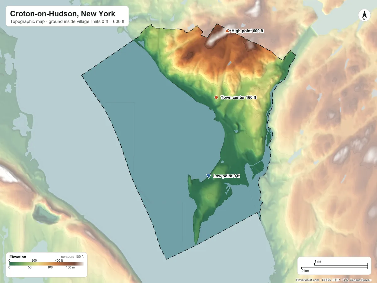 Topographic elevation map of Croton-on-Hudson, New York, shaded from 0 ft on the south side to 600 ft on the north side