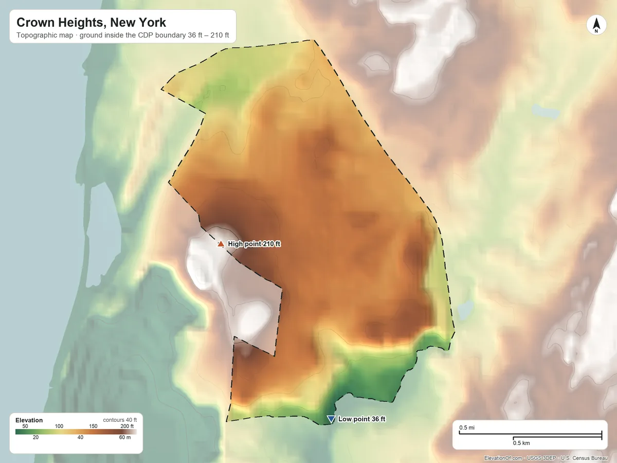 Topographic elevation map of Crown Heights, New York, shaded from 36 ft on the south side to 210 ft on the west side