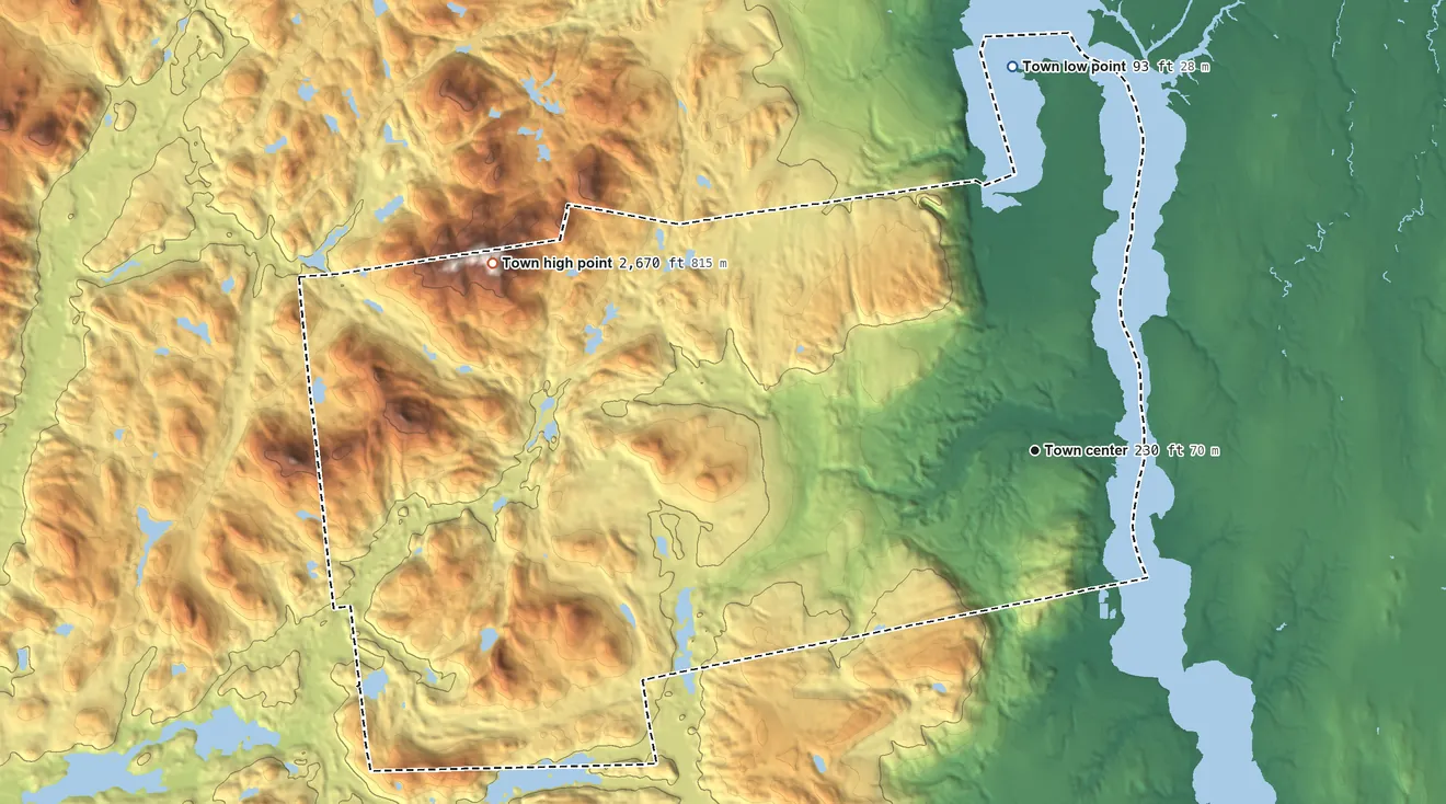 Topographic elevation map of Crown Point, New York, shaded from 93 ft on the north side to 2,670 ft on Hail Mountain