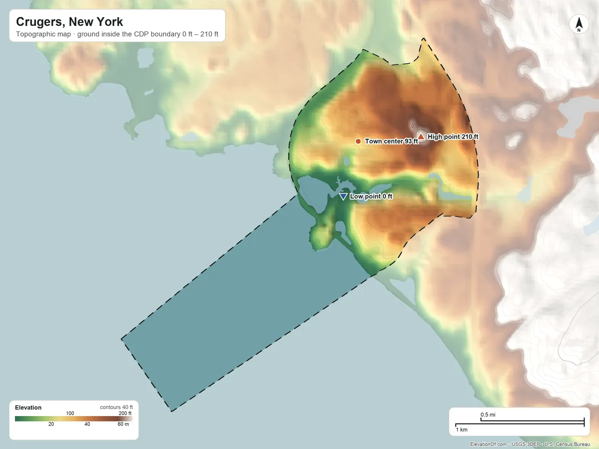 Topographic elevation map of Crugers, New York, shaded from 0 ft on the south side to 210 ft at the foot of the Pocantico Hills
