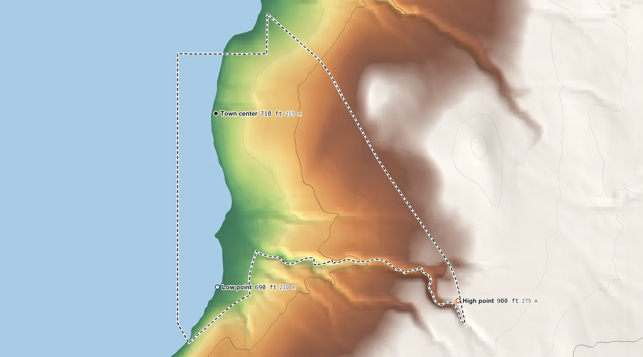 Topographic elevation map of Crystal Beach, New York, shaded from 690 ft on the south side to 900 ft on the southeast side