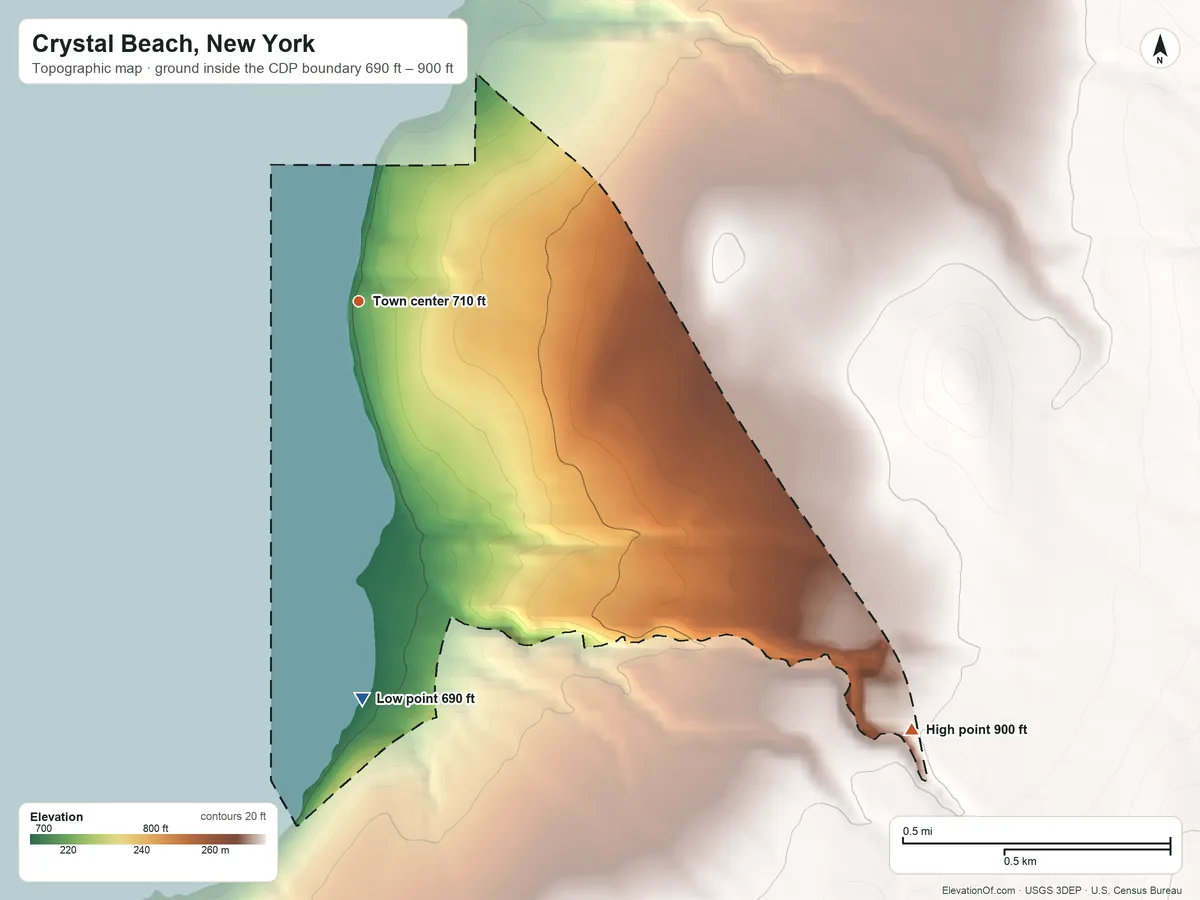 Topographic elevation map of Crystal Beach, New York, shaded from 690 ft on the south side to 900 ft on the southeast side