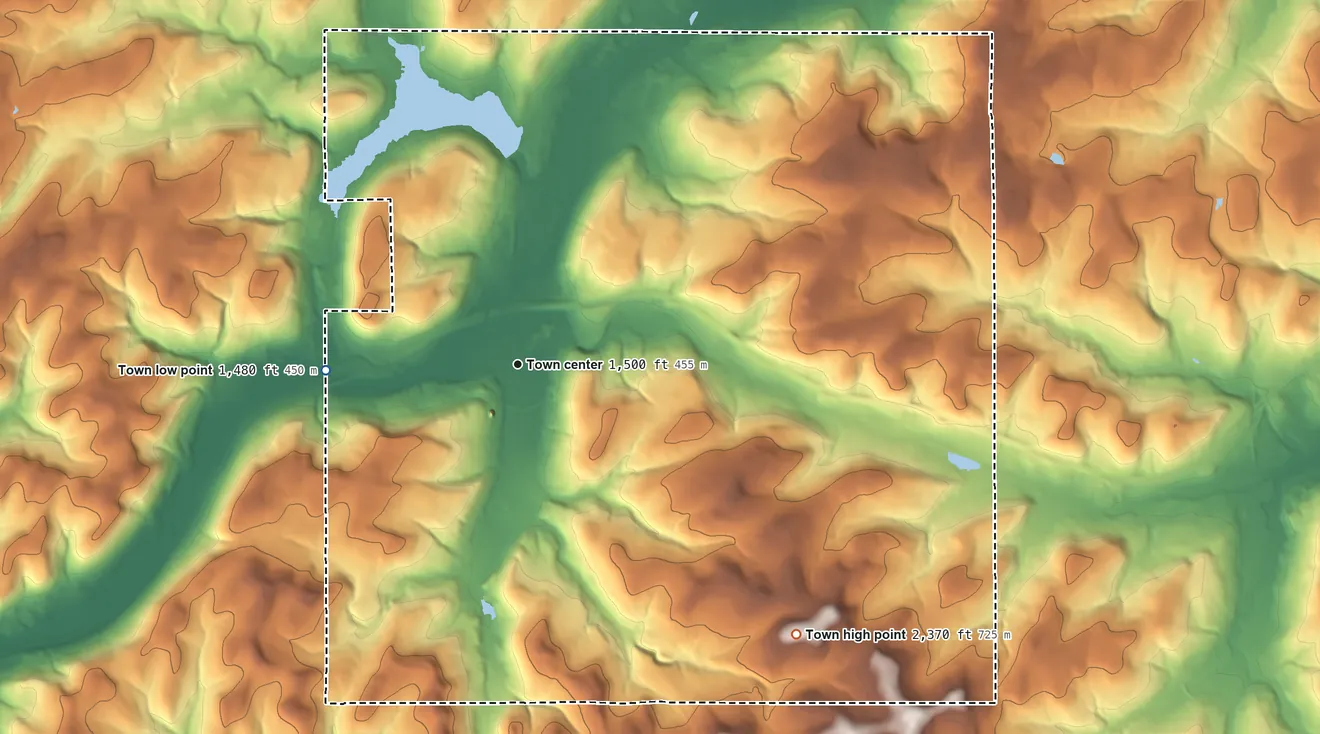 Topographic elevation map of Cuba, New York, shaded from 1,480 ft on the west side to 2,370 ft on the southeast side
