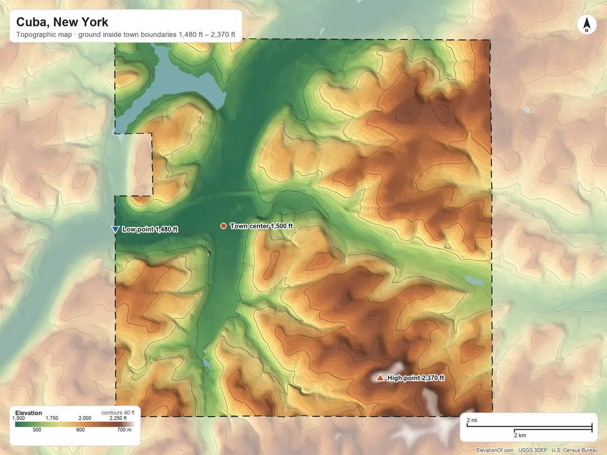 Topographic elevation map of Cuba, New York, shaded from 1,480 ft on the west side to 2,370 ft on the southeast side