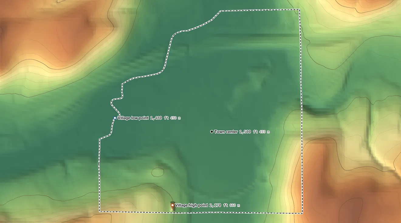 Topographic elevation map of Village of Cuba, New York, shaded from 1,480 ft on the west side to 2,170 ft on the southwest side