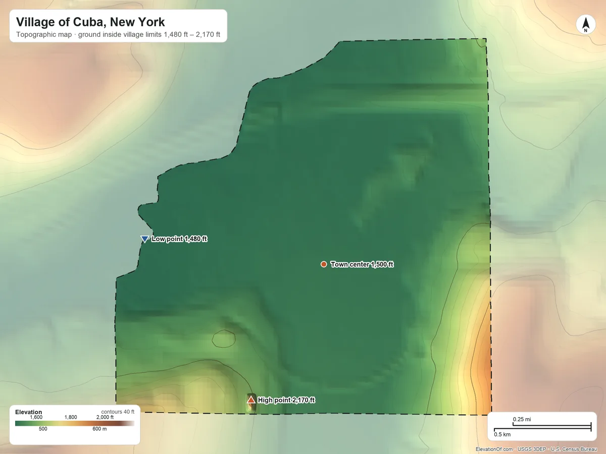 Topographic elevation map of Village of Cuba, New York, shaded from 1,480 ft on the west side to 2,170 ft on the southwest side