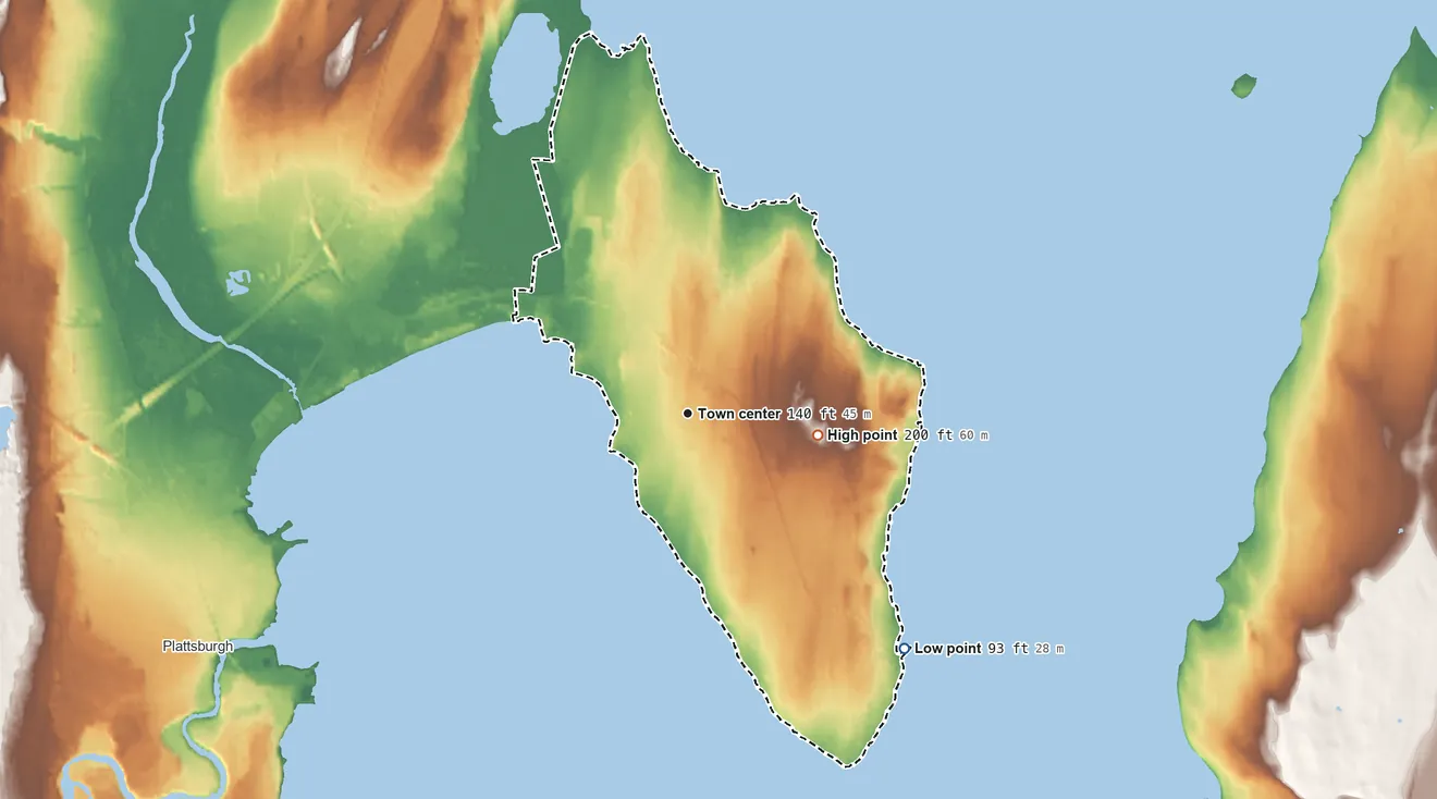 Topographic elevation map of Cumberland Head, New York, shaded from 93 ft on the southeast side to 200 ft on the east side