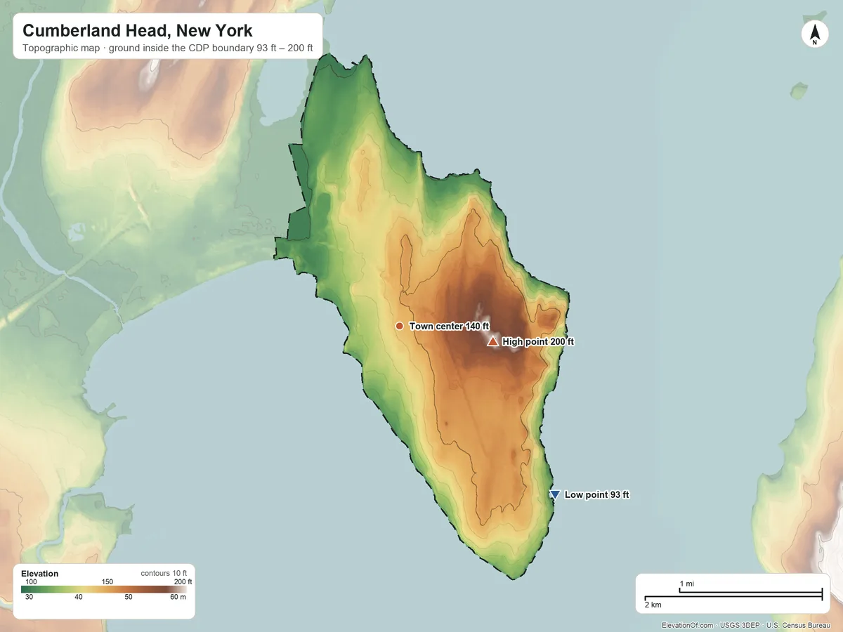 Topographic elevation map of Cumberland Head, New York, shaded from 93 ft on the southeast side to 200 ft on the east side