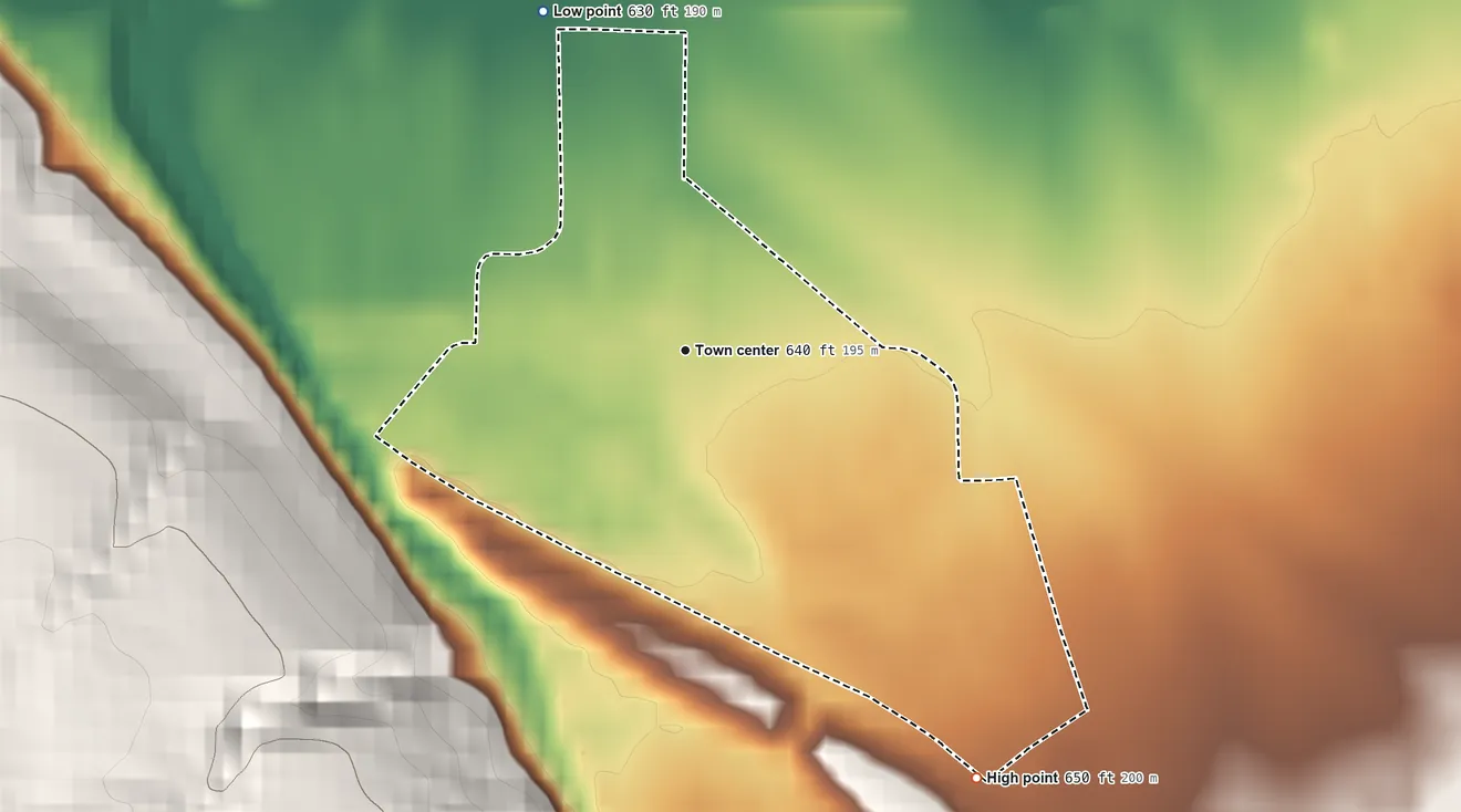 Topographic elevation map of Cumminsville, New York, shaded from 630 ft on the northwest side to 650 ft on the southeast edge, below higher ground just outside
