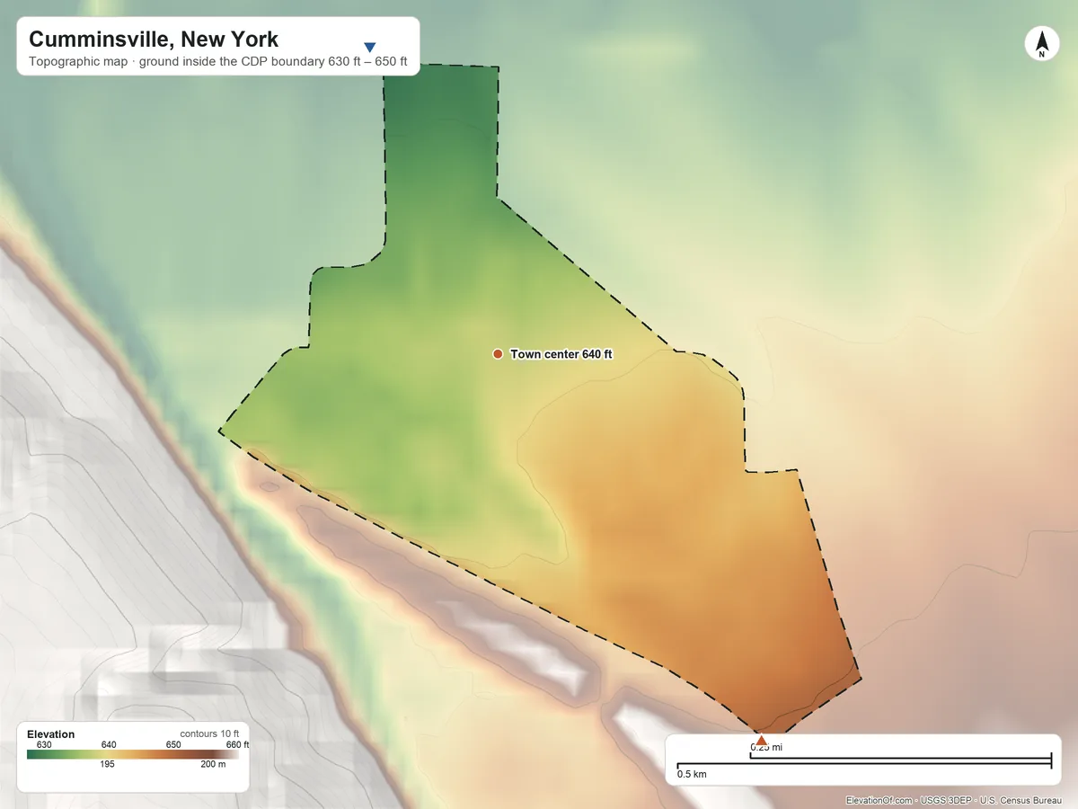 Topographic elevation map of Cumminsville, New York, shaded from 630 ft on the northwest side to 650 ft on the southeast edge, below higher ground just outside