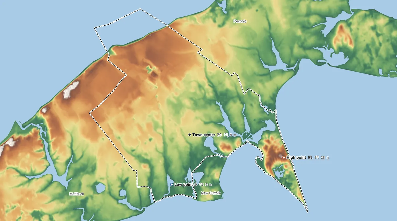 Topographic elevation map of Cutchogue, New York, shaded from sea level level on Great Peconic Bay to 91 ft on the east side