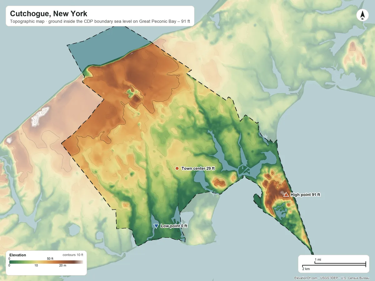 Topographic elevation map of Cutchogue, New York, shaded from sea level level on Great Peconic Bay to 91 ft on the east side