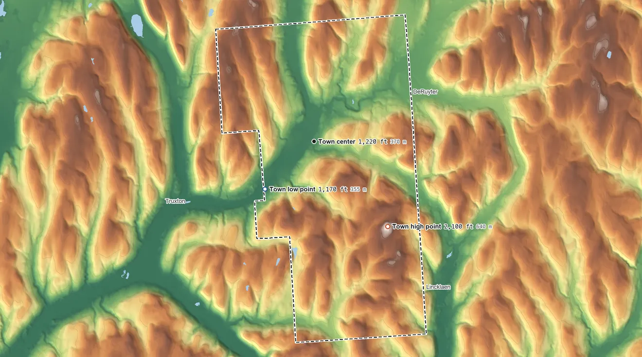 Topographic elevation map of Cuyler, New York, shaded from 1,170 ft on the southwest side to 2,100 ft on the southeast side