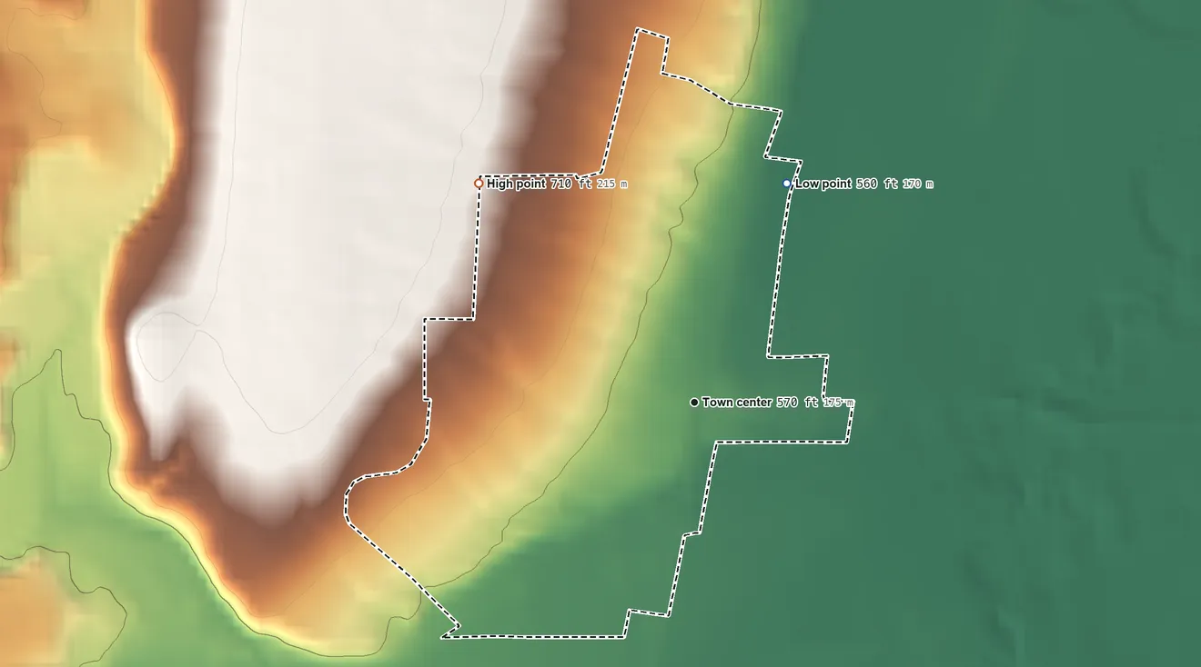 Topographic elevation map of Cuylerville, New York, shaded from 560 ft on the northeast side to 710 ft on the northwest side