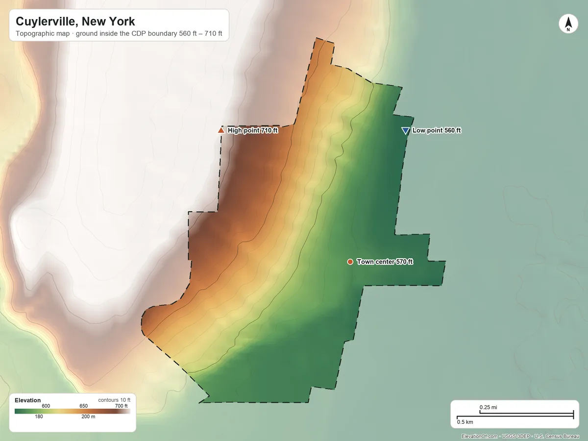 Topographic elevation map of Cuylerville, New York, shaded from 560 ft on the northeast side to 710 ft on the northwest side