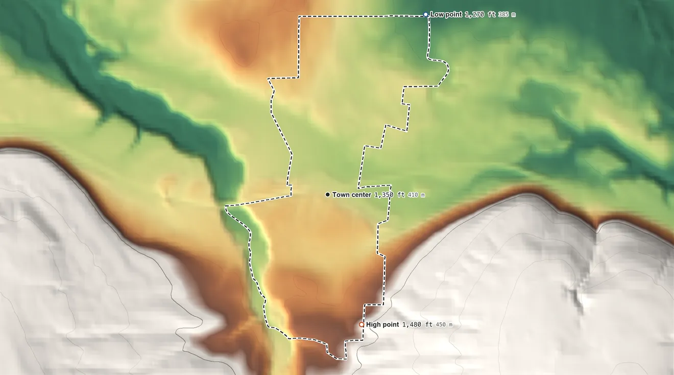 Topographic elevation map of Dalton, New York, shaded from 1,270 ft on the northeast side to 1,480 ft on the south edge, below higher ground just outside