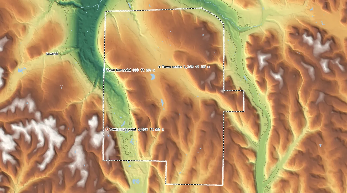Topographic elevation map of Danby, New York, shaded from 660 ft on the west side to 1,850 ft on Beech Hill