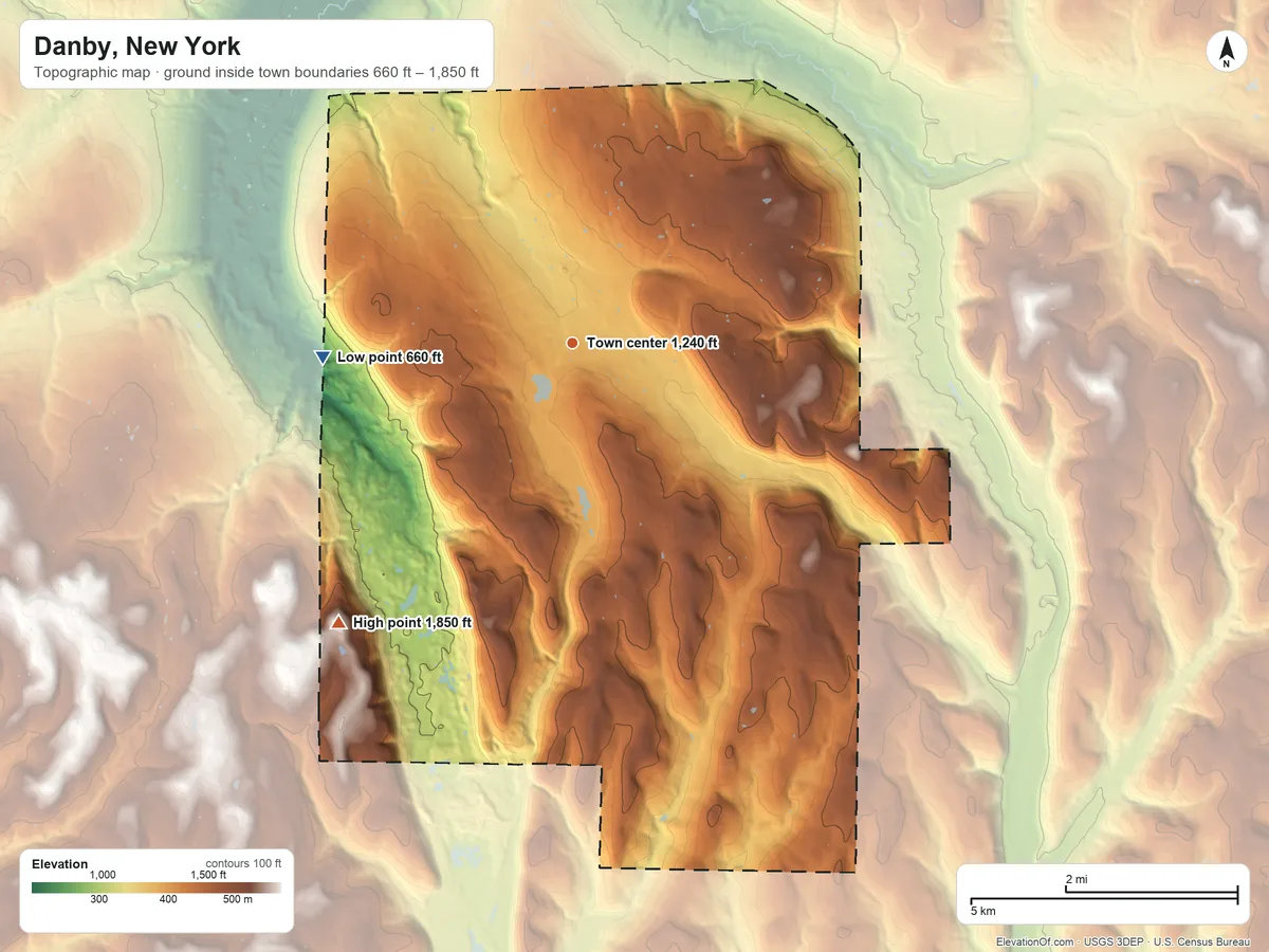 Topographic elevation map of Danby, New York, shaded from 660 ft on the west side to 1,850 ft on Beech Hill