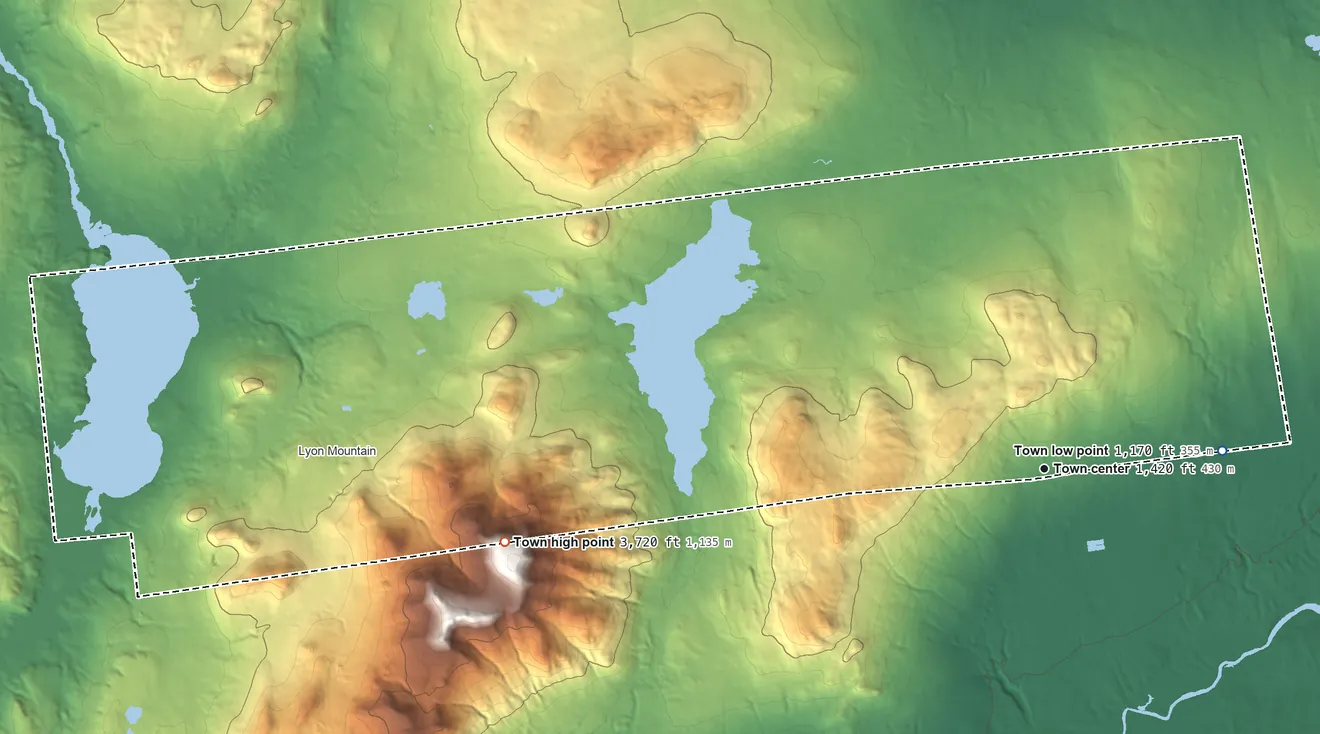 Topographic elevation map of Dannemora, New York, shaded from 1,170 ft on the east side to 3,720 ft on the west side