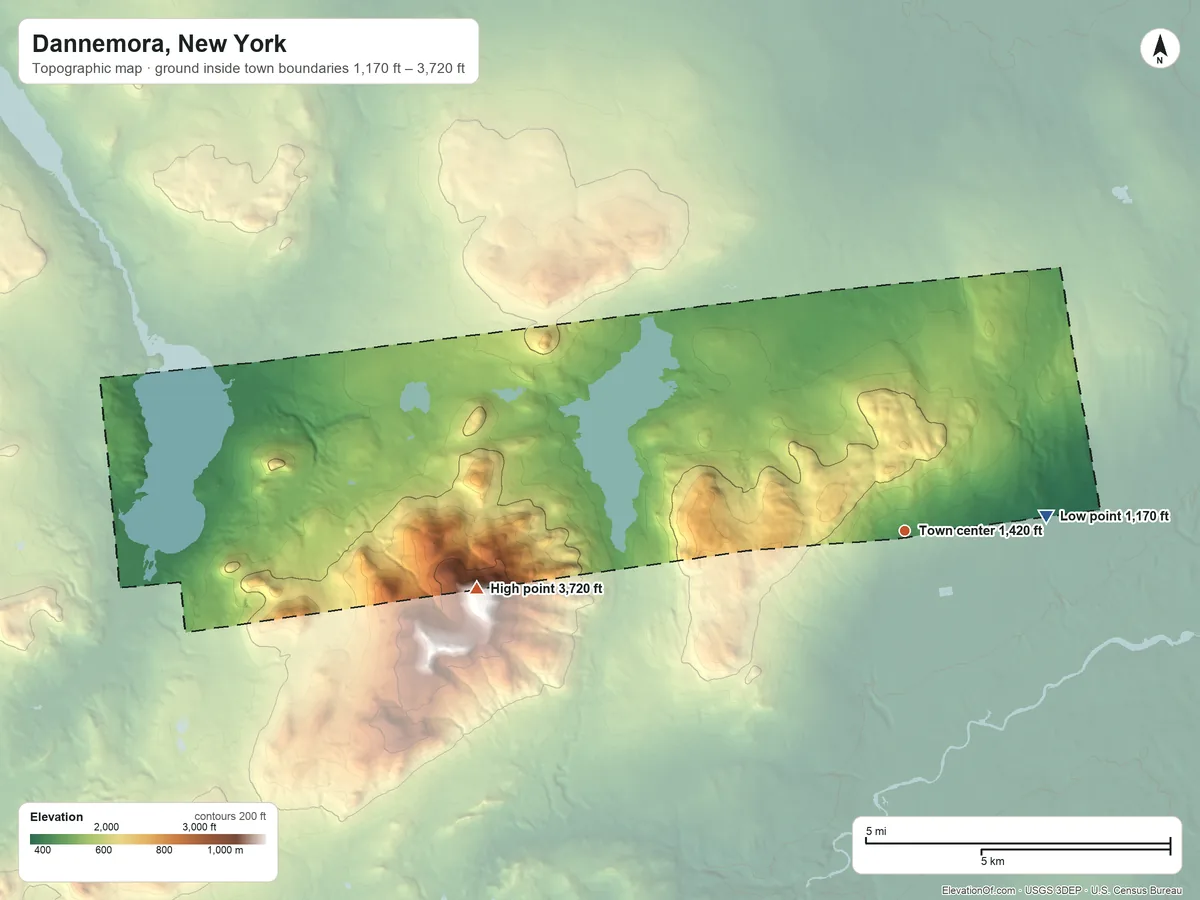 Topographic elevation map of Dannemora, New York, shaded from 1,170 ft on the east side to 3,720 ft on the west side