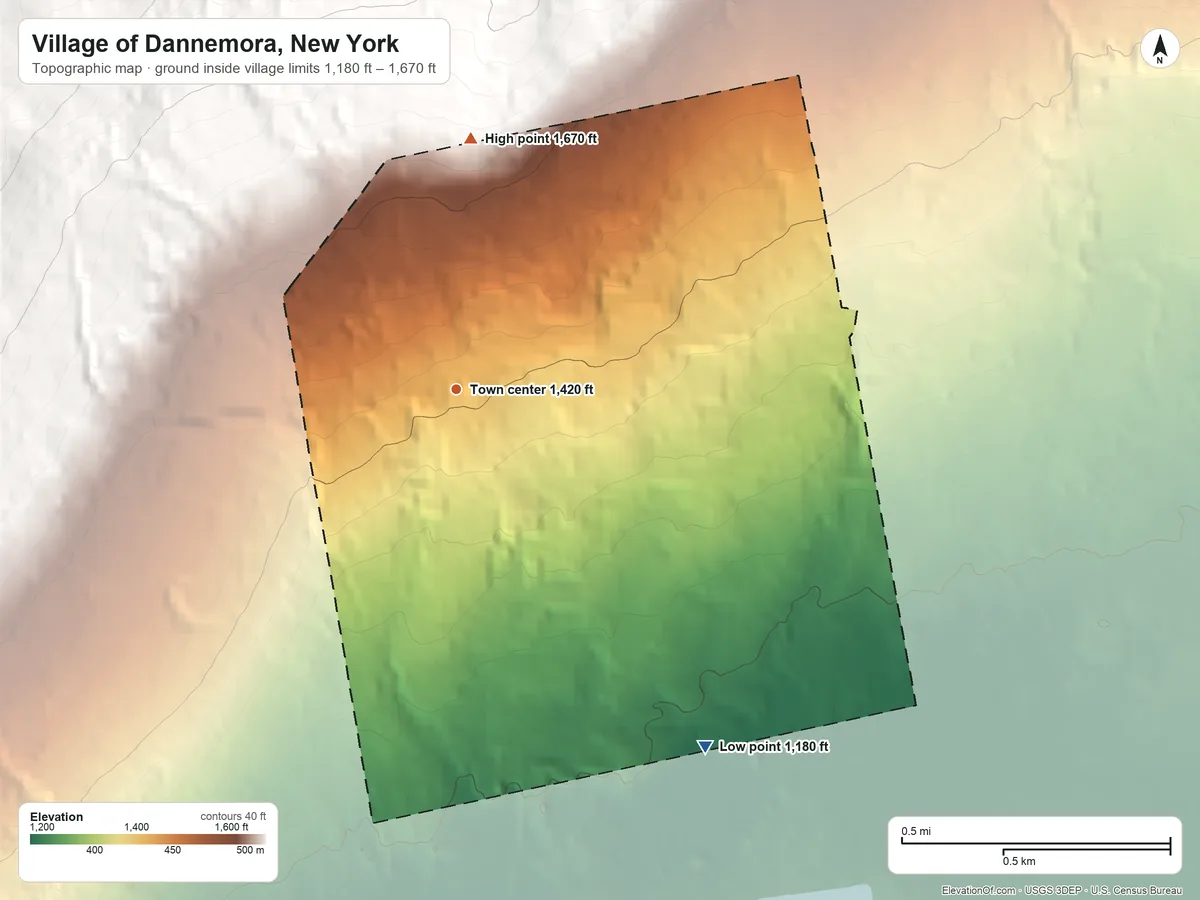 Topographic elevation map of Village of Dannemora, New York, shaded from 1,180 ft on the southeast side to 1,670 ft on the north edge, below higher ground just outside