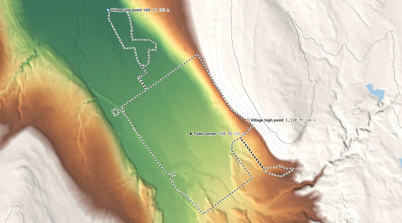 Topographic elevation map of Dansville, New York, shaded from 600 ft on the northwest side to 1,110 ft on the east edge, below higher ground just outside